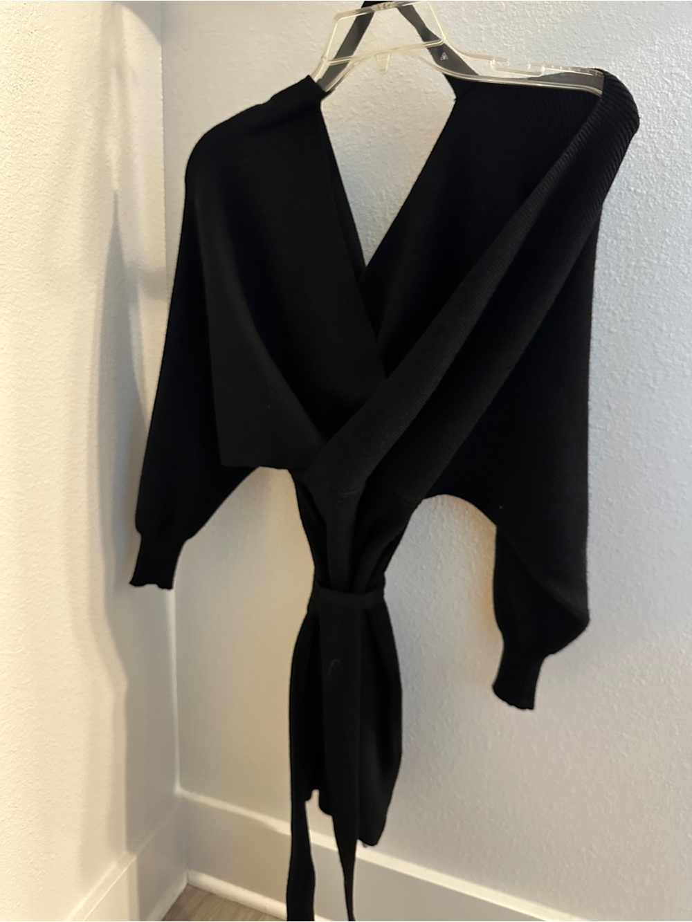 Black Wrap-Front Women's Sweater Tie Waist Dress